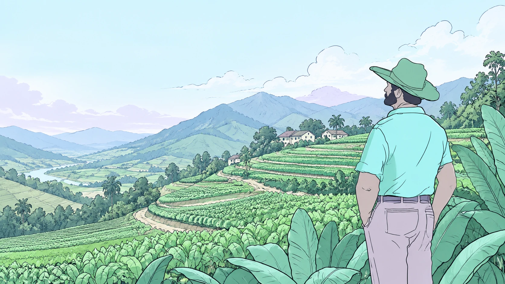 Editorial illustration of a farmer overlooking cultivated land and mountains